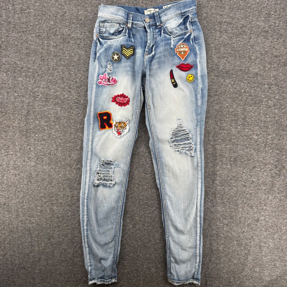 Indigo Rein‎ Womens Size 1 Ankle Skinny Jeans Light Wash Distressed Patches
